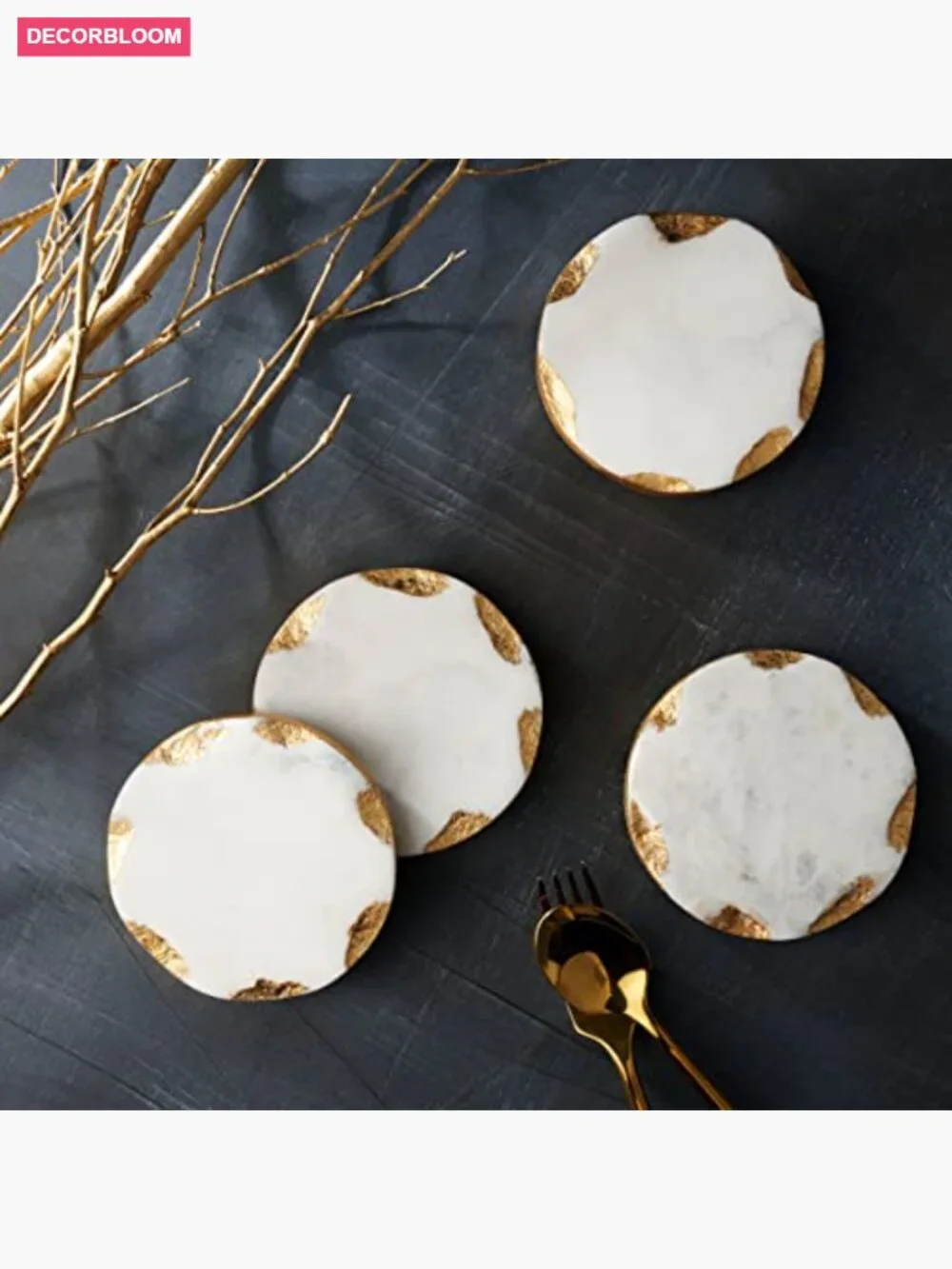 Set of 4 Round Marble Coasters with Gold Edge